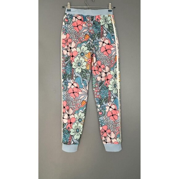 Adidas Pants Girls L 14 Blue Sun Floral Track Joggers 3 Stripes Allover Print - Picture 11 of 11